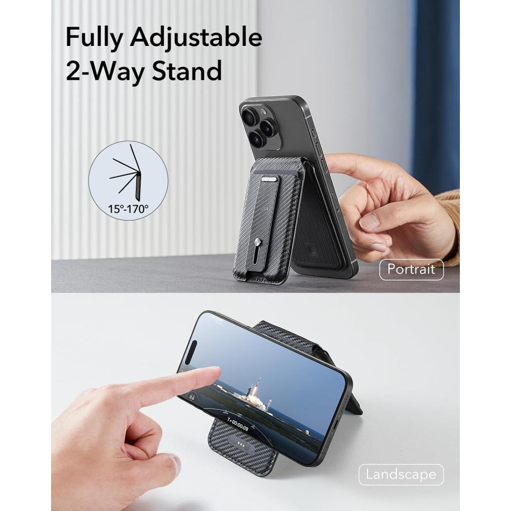 ESR HaloLock Geo Wallet Stand - MagSafe Θήκη Πορτοφόλι για Κάρτες με Συμβατότητα Apple Find My & Αναδιπλούμενη Βάση με Finger Holder - Carbon Fiber (4894240189313)