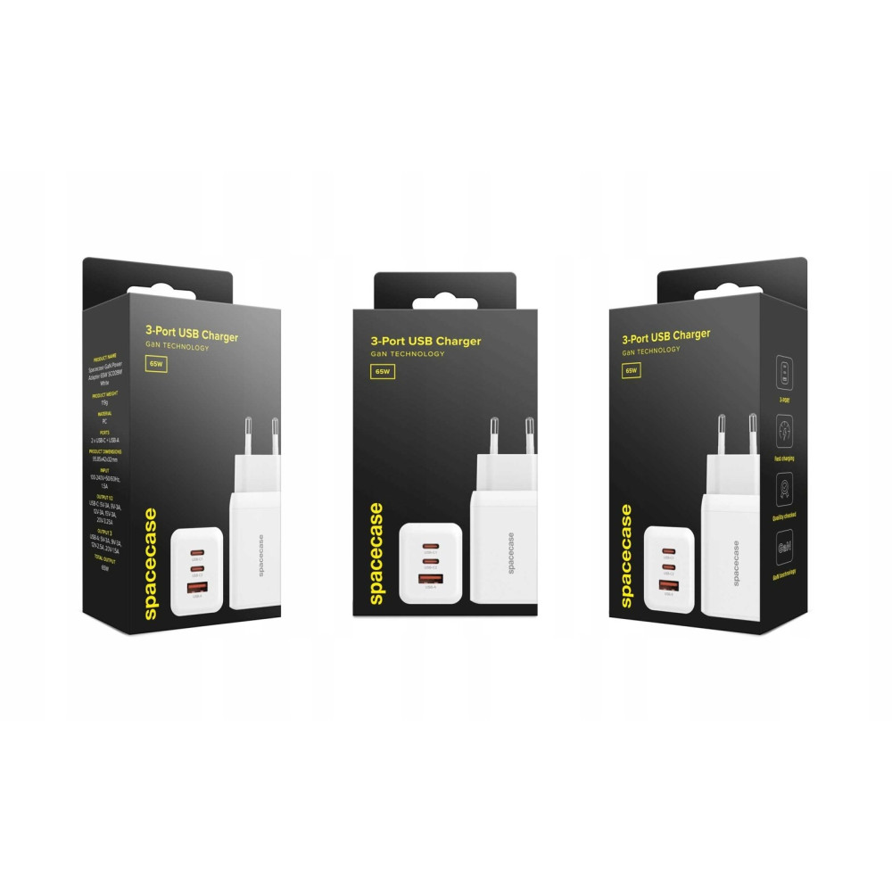 Spacecase SC009W 3-Port GaN USB Charger - Ταχυφορτιστής Ταξιδιού / Αντάπτορας με 1 x USB-A / 2 x Type-C - 65W - White (5905719109264)