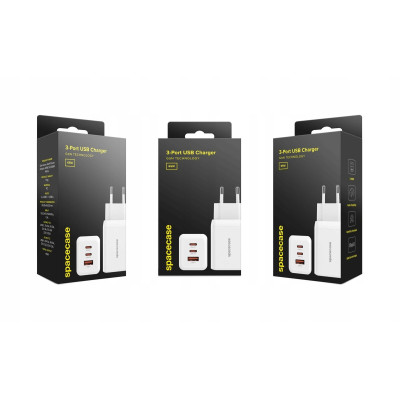 Spacecase SC009W 3-Port GaN USB Charger - Ταχυφορτιστής Ταξιδιού / Αντάπτορας με 1 x USB-A / 2 x Type-C - 65W - White (5905719109264)