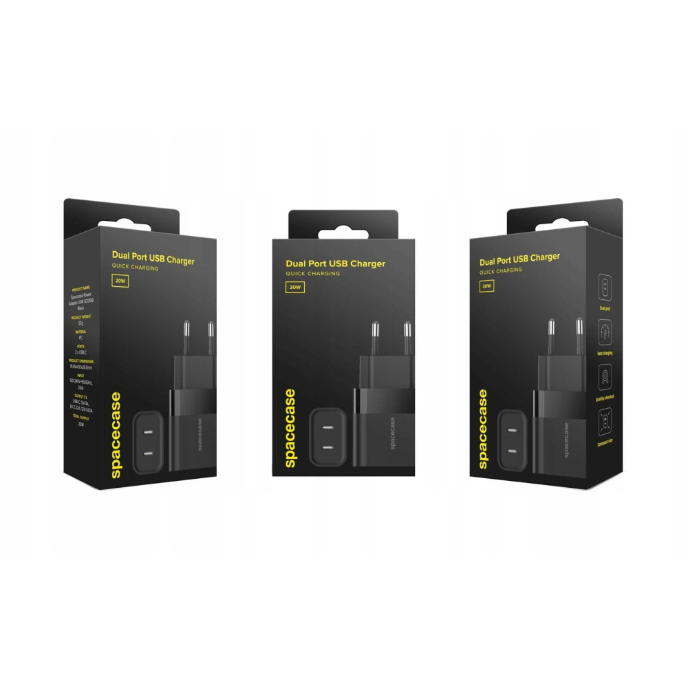 Spacecase SC010B Dual Port Quick USB Charger - Ταχυφορτιστής Ταξιδιού / Αντάπτορας με 2 x Type-C - 20W - Black (5905719109271)