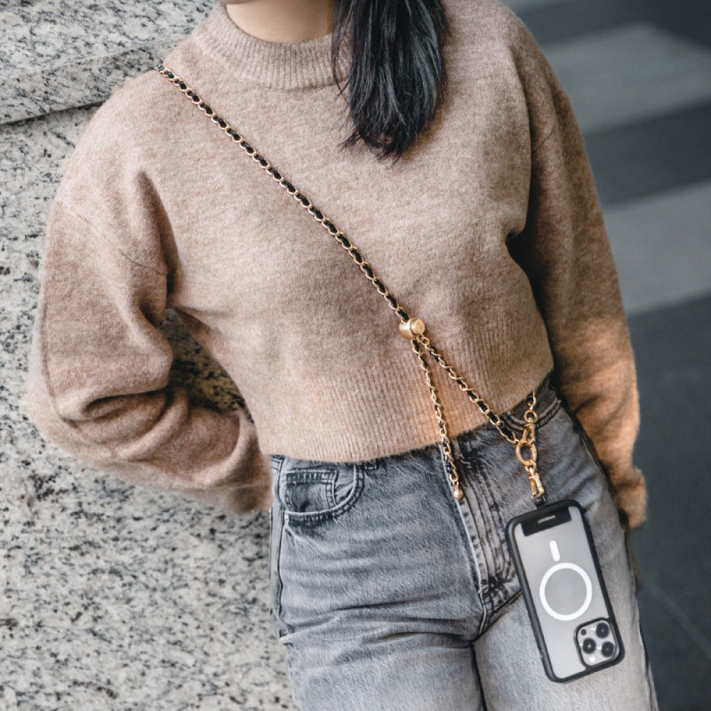 SwitchEasy MagEasy Leather Chain Strap Classic & Strap Card - Μεταλλικό Αποσπώμενο Λουράκι Λαιμού για Θήκες Κινητών iPhone - Black / Matte Gold (MPHIPH222BO23)