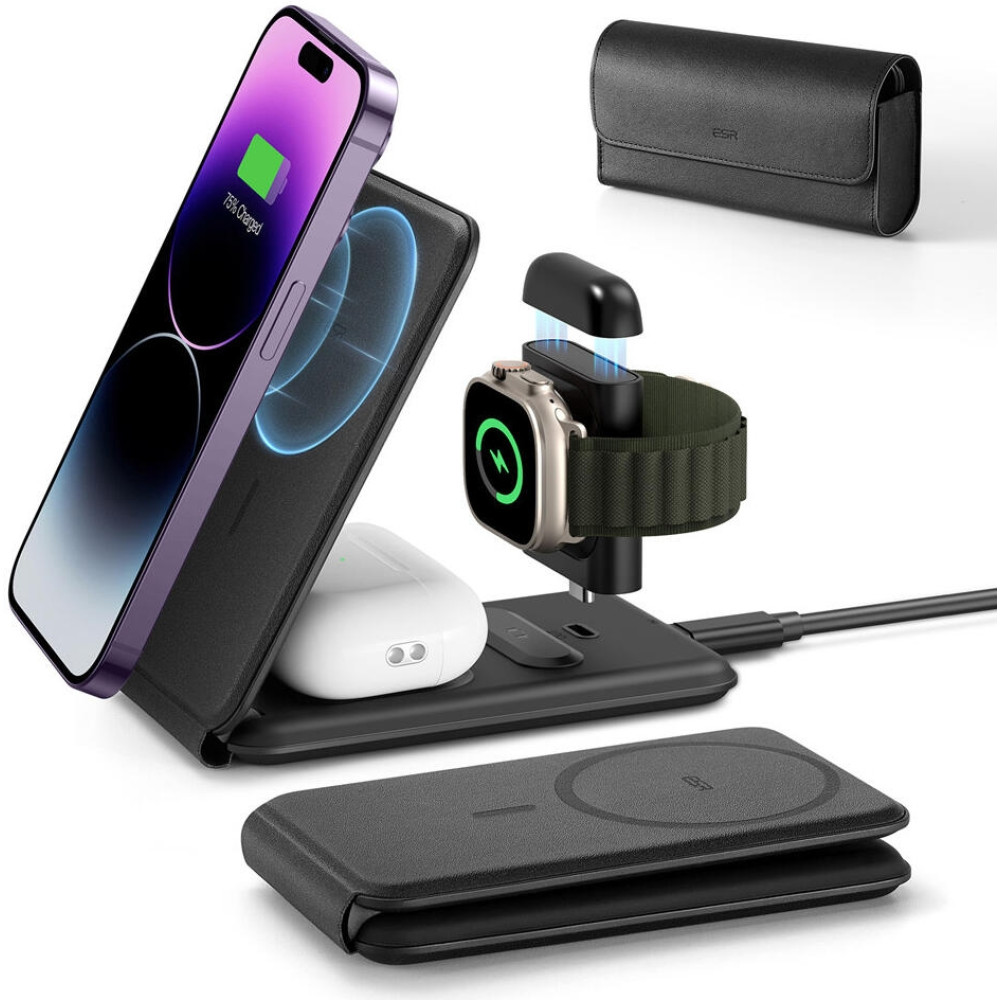 ESR HaloLock Qi2 3-in-1 Travel Wireless Charging Set - Σετ Αναδιπλούμενη Φορητή Μαγνητική Βάση Ασύρματης Φόρτισης MagSafe για Apple iPhone / AirPods / Αποσπώμενο Μαγνητικό Φορτιστή Type-C για Apple Watch & Θήκη Μεταφοράς - 15W - Black (4894240227251)