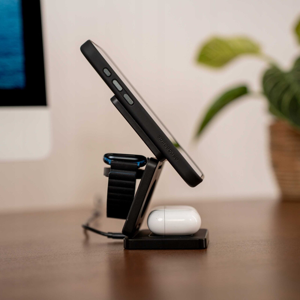 Spacecase WM4B Foldable 3 in 1 Wireless Charger MagCharger - Αναδιπλούμενη Βάση Ασύρματης Φόρτισης MagSafe για iPhone 16 / 15 / 14 / 13 / 12 / AirPods / Apple Watch - 15W - Black (5905719110383)