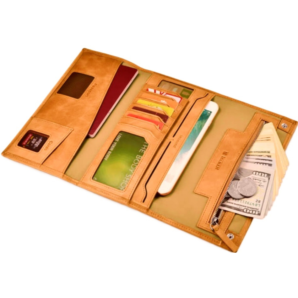 iCarer Vegetable Tanned Leather Three Fold Wallet - Δερμάτινο Πορτοφόλι με Υποδοχή για Κινητό / Κάρτες / Χαρτονομίσματα - Light Brown (RSZ-04-A1-LB)