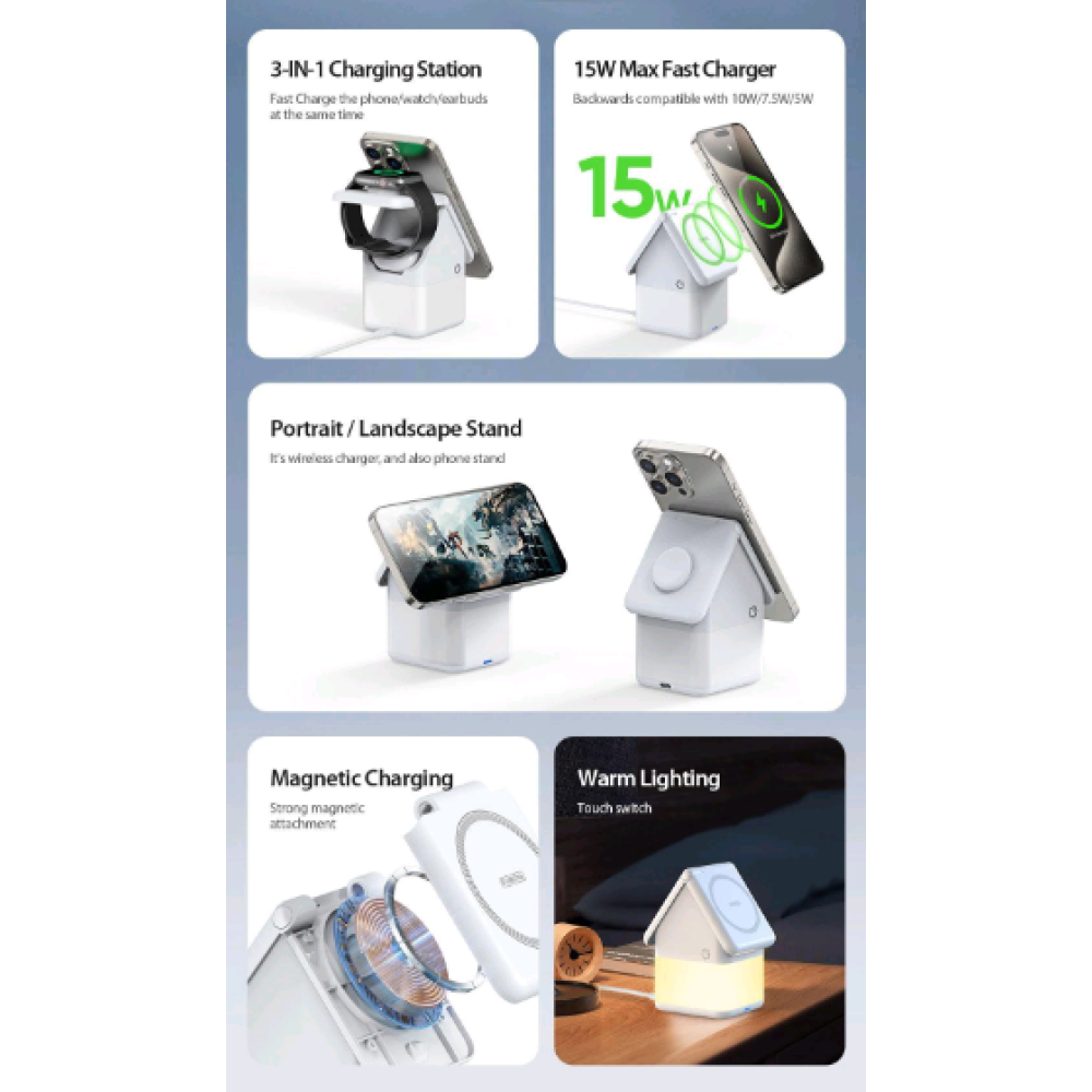 Duzzona W20 4-in-1 Magnetic Wireless Charger - Μαγνητική Βάση Ασύρματης Φόρτισης MagSafe για Apple iPhone / AirPods / Apple Watch με Φωτάκι Νυκτός - 15W - White (6934913007402)