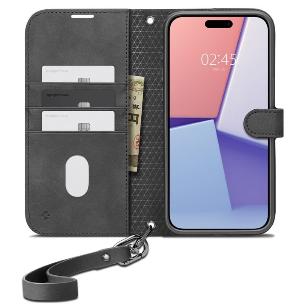 Θήκη iPhone 15 Pro Max Spigen Wallet S Pro Ανθεκτικό Πορτοφόλι με Αποσπώμενο Λουράκι Χειρός / Λαιμού - Black (ACS06605)