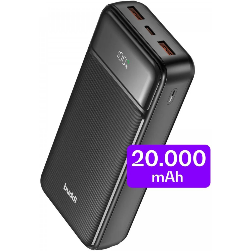PowerBank Buddi Boost με Ψηφιακή Οθόνη LED με 1 x Type-C / 2 x USB-A 22.5W 20.000mAh 5 Έτη Εγγύηση - Black (8719246451812)