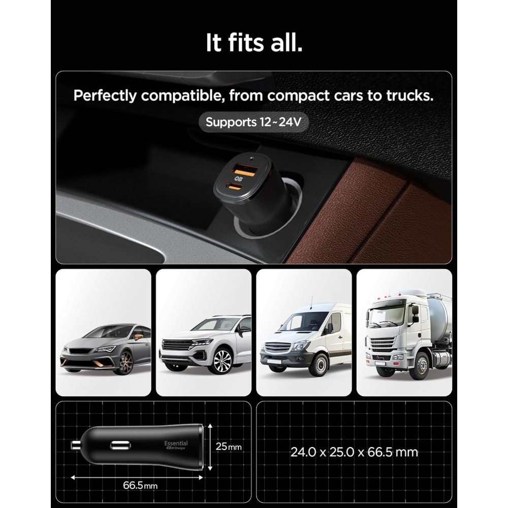 Φορτιστής Αυτοκινήτου Spigen EV482 ArcStation Essential Car Charger με 1 x Type-C / 1 x USB-A 48W - Black (ACP08447)
