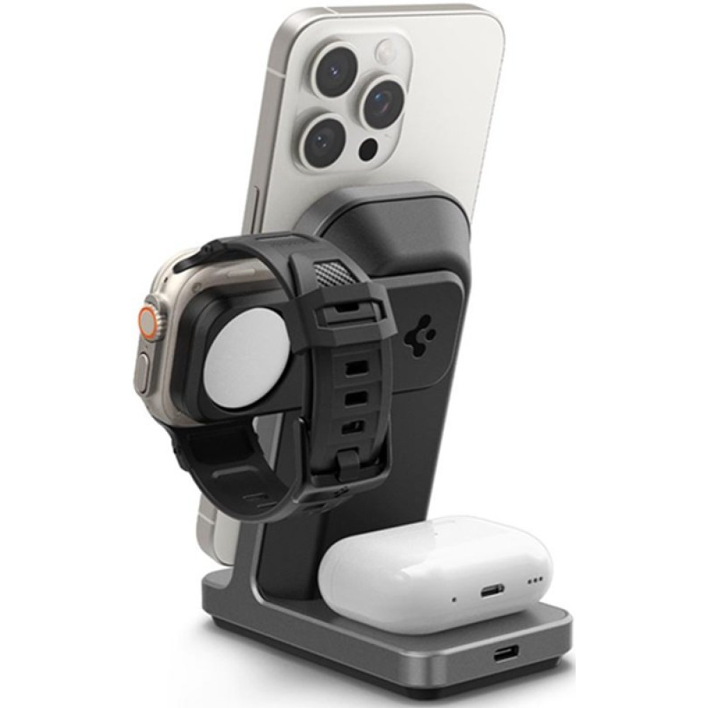 Βάση Ασύρματης Φόρτισης Spigen S318W One Tap Pro 3 Qi2 MagSafe για iPhone 15W / AirPods 5W / για Φορτιστή Apple Watch - Gunmetal (AMP06527)