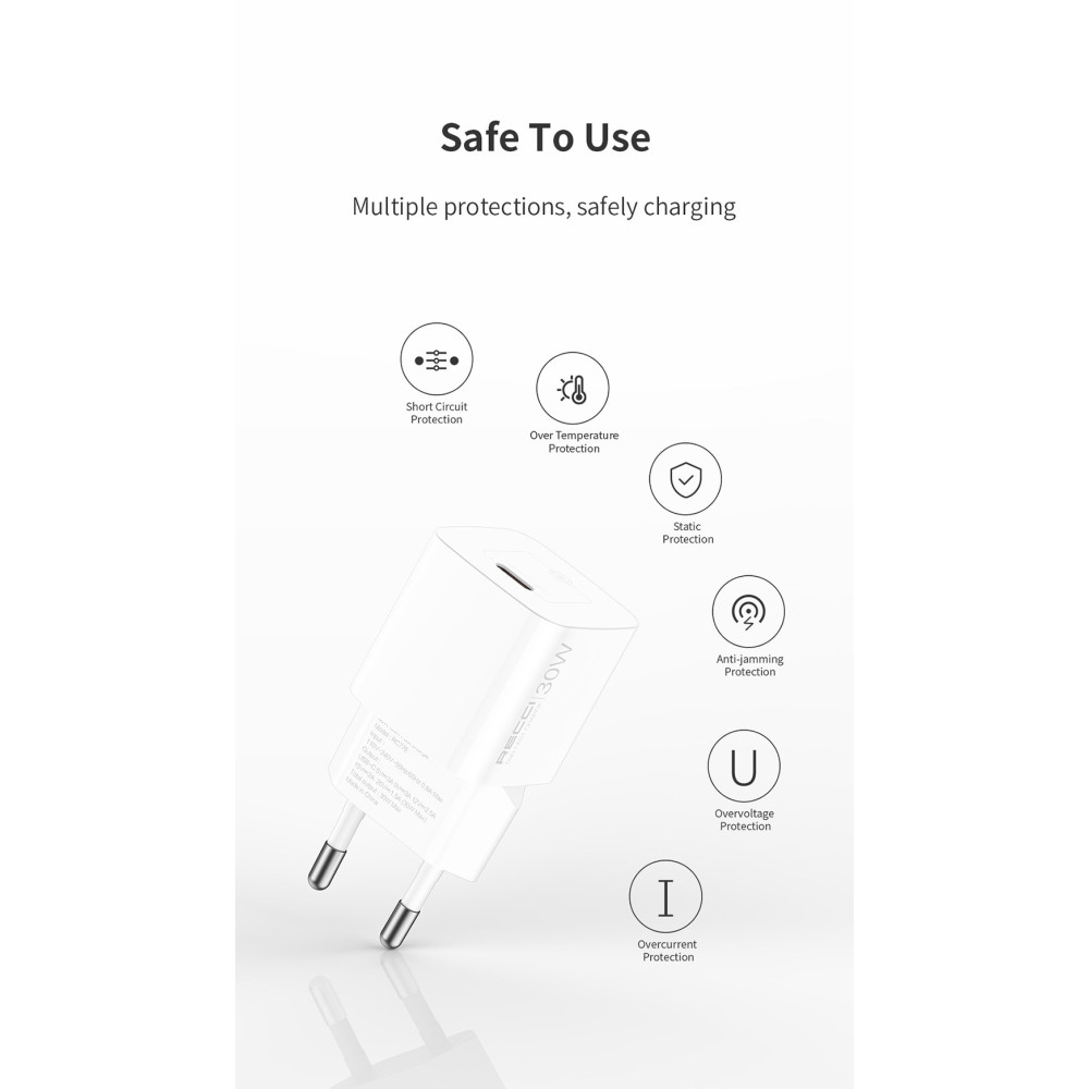 Φορτιστής Recci RC77ECC GaN Αντάπτορας με 1 x Type-C 30W & 1 x Καλώδιο Type-C σε Type-C 100cm - White (6955482528273)