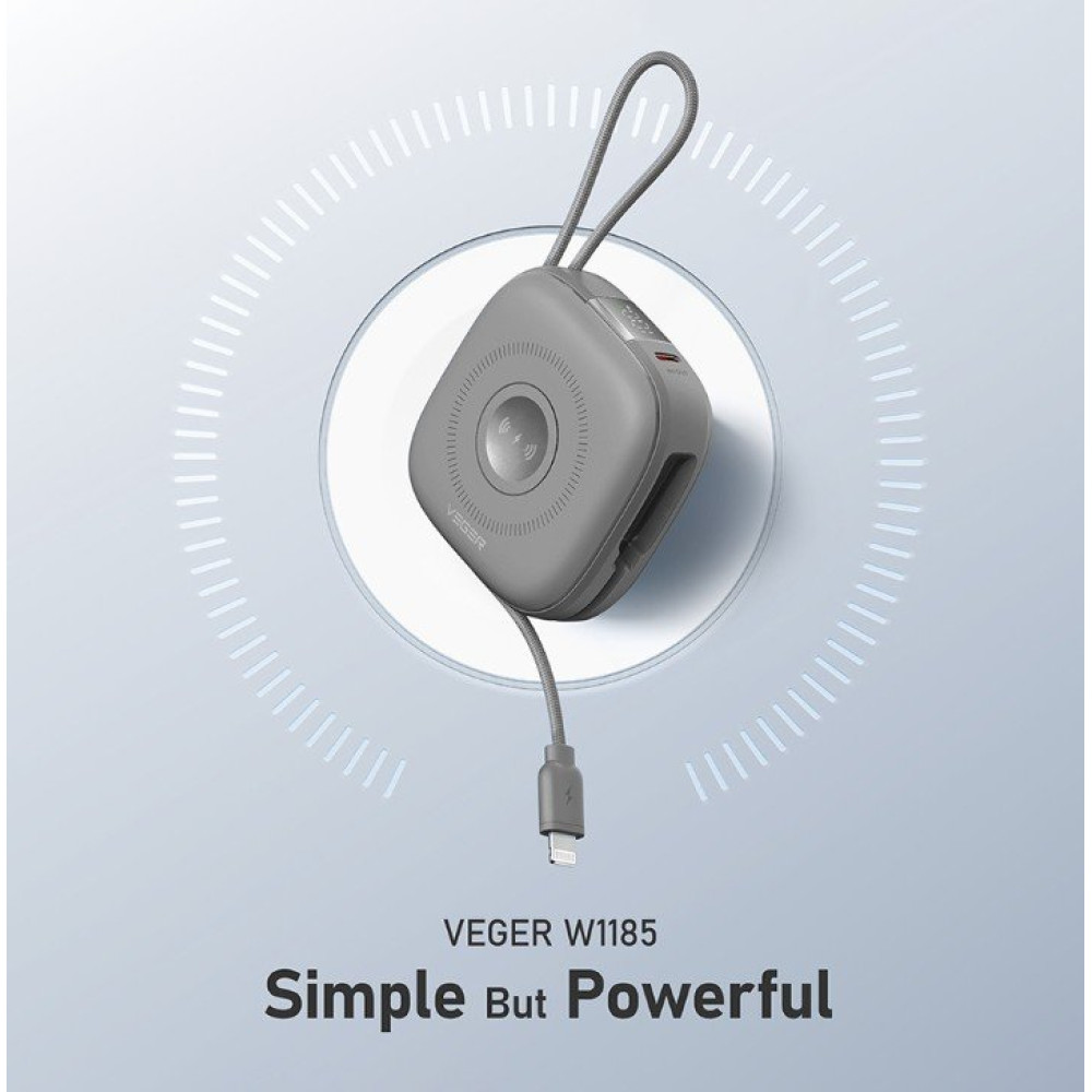 PowerBank Veger W1185 MagCore 3in1 με Ασύρματη Φόρτιση MagSafe 15W / 1 x Type-C / 1 x Καλώδιο Type-C / 1 x Καλώδιο Lightning 10.000mAh - Grey (6977525750359)