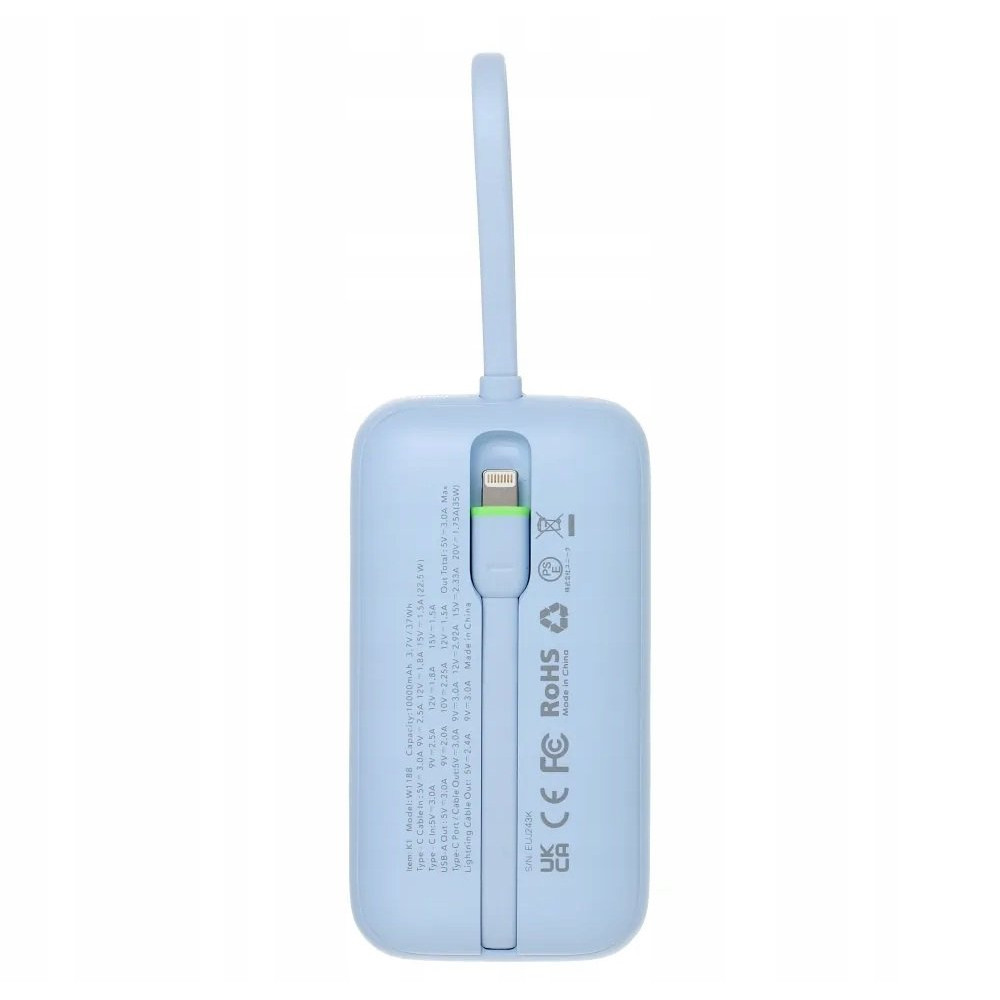 PowerBank Veger K1 με Οθόνη LED & 1 x Θύρα Type-C / 1 x Θύρα USB-A / 1 x Καλώδιο Type-C / 1 x Καλώδιο Lightning 35W 10.000mAh - Sky Blue (6977525750717)