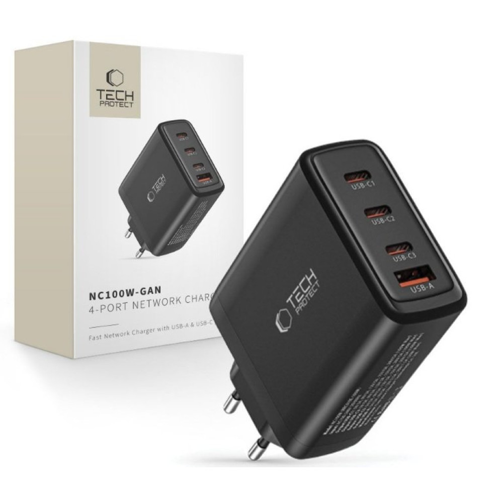 Φορτιστής Tech-Protect NC100W GaN Γρήγορος Ταξιδιού / Αντάπτορας με 1 x USB-A / 3 x Type-C 100W - Black (9490713935101)