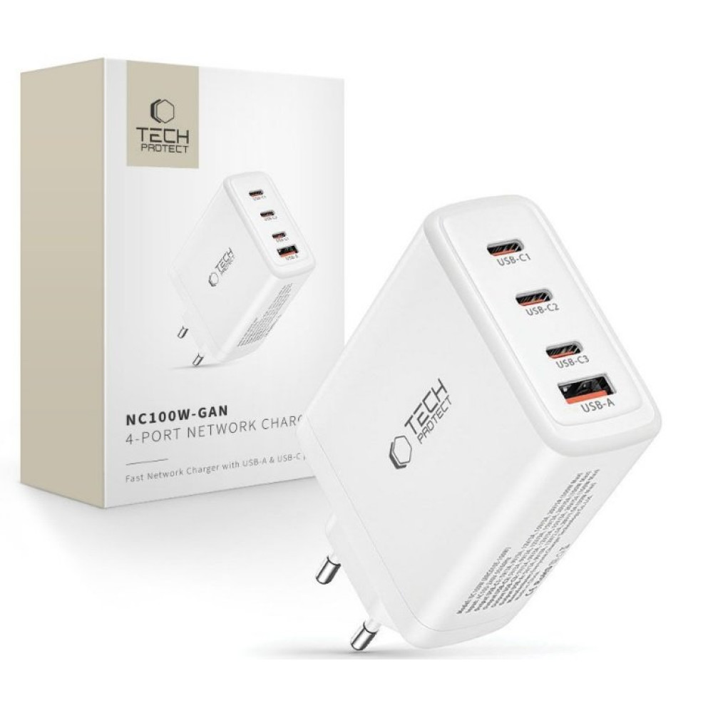 Φορτιστής Tech-Protect NC100W GaN Γρήγορος Ταξιδιού / Αντάπτορας με 1 x USB-A / 3 x Type-C 100W - White (9490713934814)