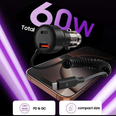 Φορτιστής Αυτοκινήτου Tech-Protect CC05 με Θύρες 1 x USB-A / 1 x Type-C & 1 x Ενσωματωμένο Καλώδιο Type-C 60W - Black (5906302361717)