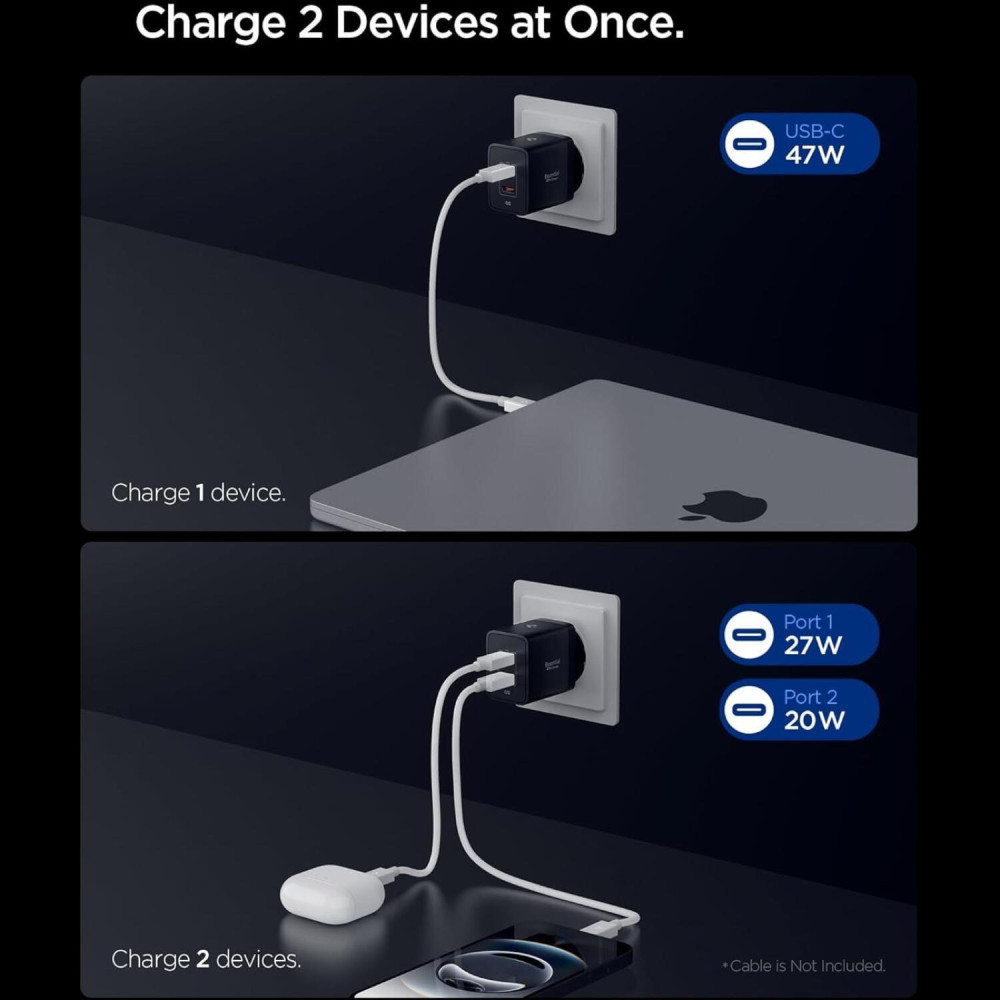Φορτιστής Spigen EE472EU Essential Wall Charger GaN Γρήγορος Ταξιδιού / Αντάπτορας με 2 x Type-C 47W - Black (ACH09457)