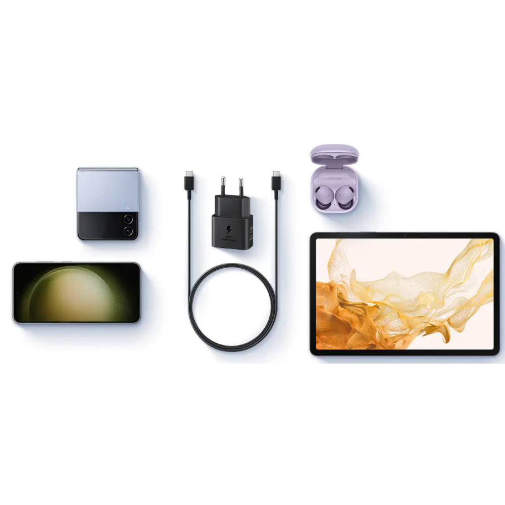 Official Samsung T2510 Fast Travel Charger - Ταχυφορτιστής Ταξιδιού / Αντάπτορας με 1 Θύρα x Type-C & Καλώδιο Φόρτισης Type-C σε Type-C - 100cm - 25W - Black (EP-T2510XBEGEU)