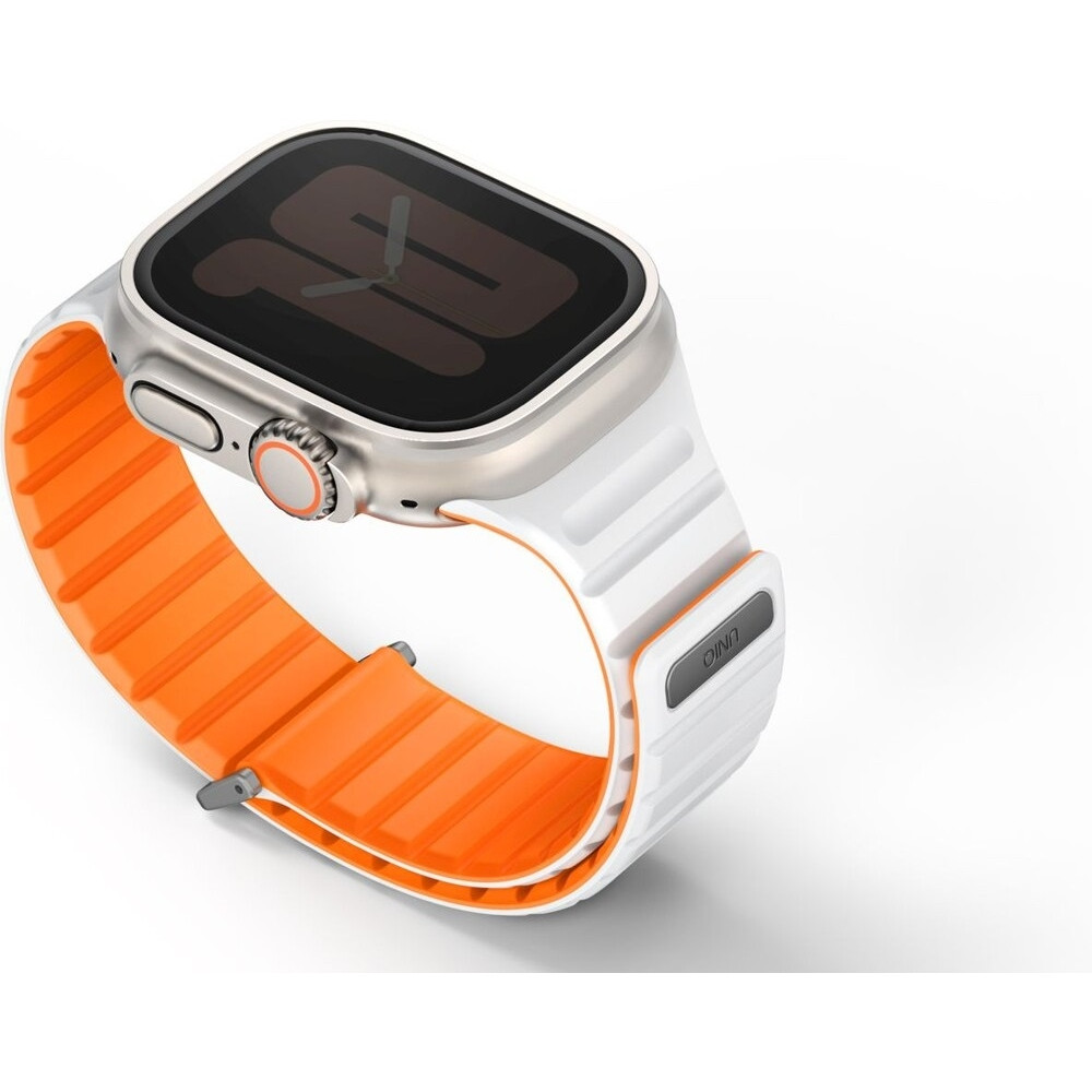 Λουράκι Apple Watch Ultra/SE/11/10/9/8/7/6/5/4 (49/46/45/44mm) - Uniq Revix Evo Αναστρέψιμο Μαγνητικό από Premium Σιλικόνη - Amber Orange / White (UNIQ-49MM-REVEAORGWHT)