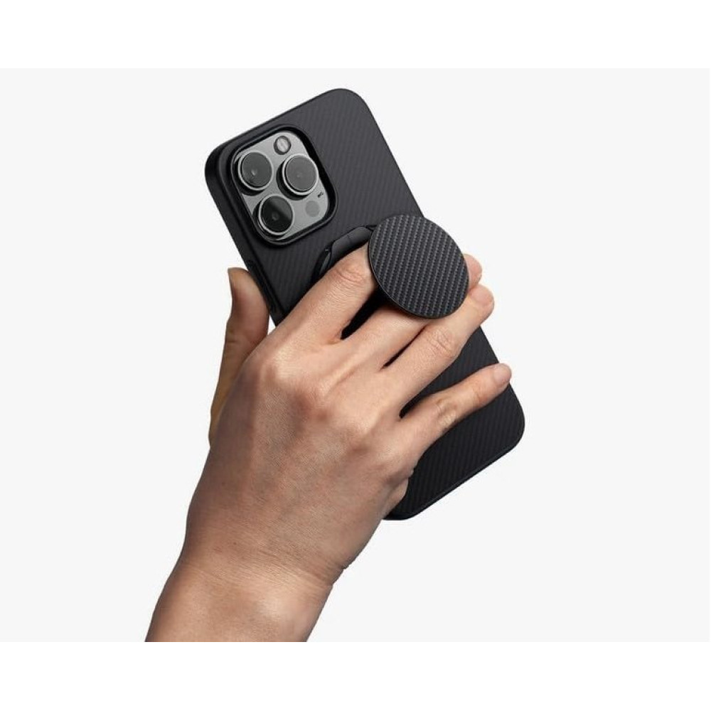 Θήκη iPhone 16 Pro Uniq Keva Air + GripFit Σετ Ανθεκτική MagSafe Aramid Fiber με Μαγνητική Βάση / Finger Holder - Carbon Black (UNIQ-IP6.3P(2024)-KAGPBCB)