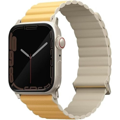 Λουράκι Apple Watch Ultra/SE/11/10/9/8/7/6/5/4 (49/46/45/44mm) Uniq Revix Premium Edition Αναστρέψιμο Μαγνητικό από Premium Σιλικόνη & Δέρμα - Canary Yellow / Ivory (UNIQ-45MM-REVPCYELIVY)