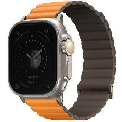 Λουράκι Apple Watch Ultra/SE/11/10/9/8/7/6/5/4 (49/46/45/44mm) Uniq Revix Premium Edition Αναστρέψιμο Μαγνητικό από Premium Σιλικόνη & Δέρμα - Saffron Orange / Khaki (UNIQ-45MM-REVPSORGKAK)
