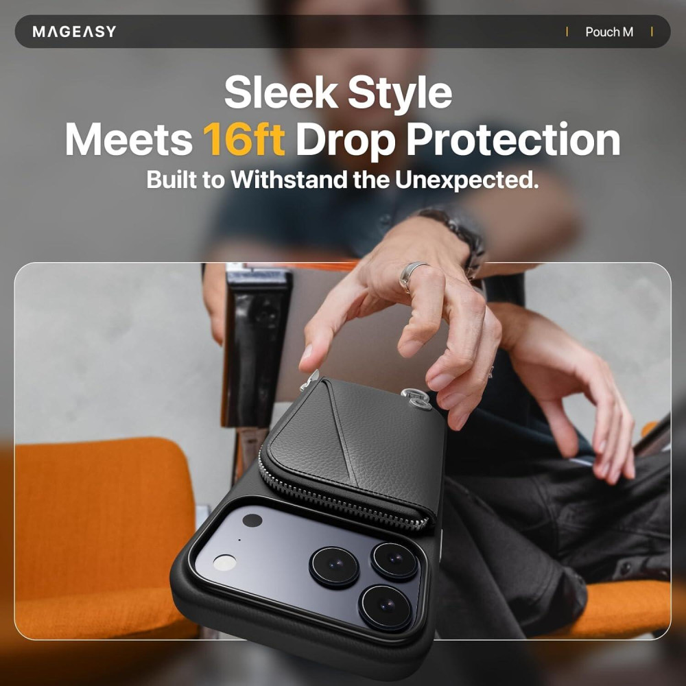 Θήκη iPhone 17 Pro Max MagEasy Pouch με Ενσωματωμένο Πορτοφόλι & Αποσπώμενο Λουράκι Λαιμού - Black (MPH17M396BK25)