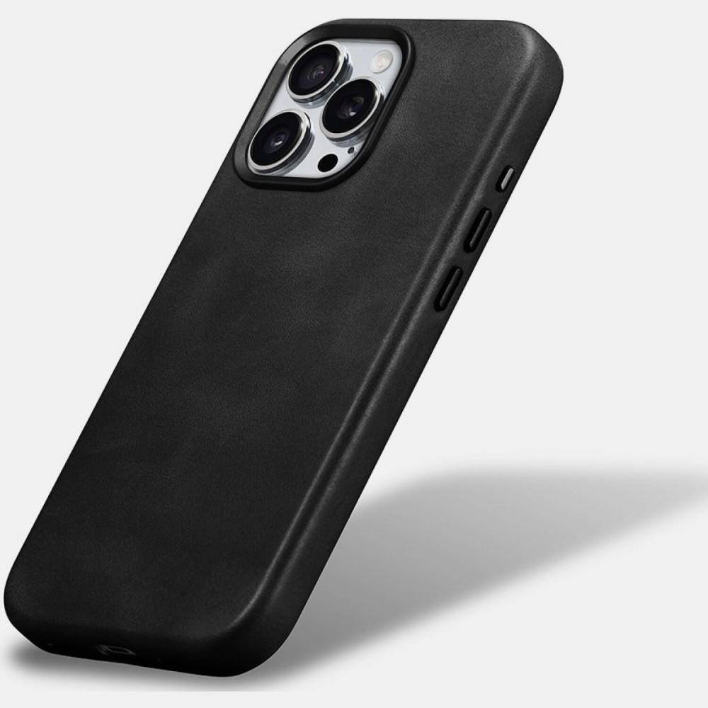 Θήκη iPhone 16 Pro Max iCarer Leather Back Case With Camera Button Δερμάτινη με MagSafe & Μεταλλικό Πλαίσιο Κάμερας - Black (WMI16240704-BK)