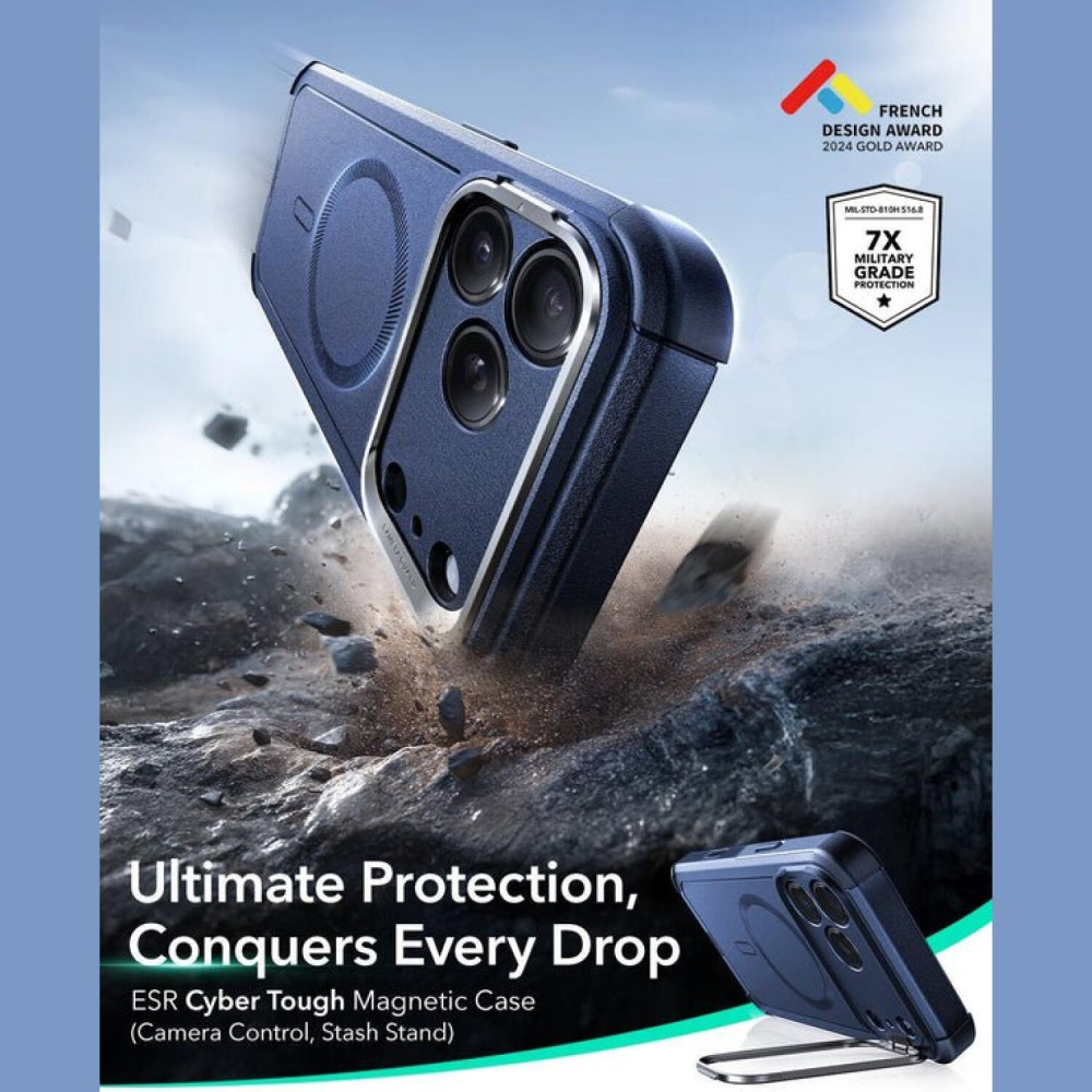 Θήκη iPhone 17 Pro Max ESR Cyber Tough Magnetic with Stash Stand Ανθεκτική με MagSafe / Kickstand & Κάλυμμα για Camera Control - Navy Blue (4894240283752)