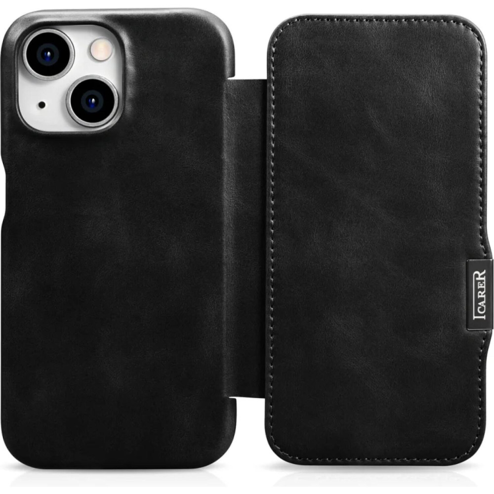 Θήκη iPhone 15 iCarer Vintage Series Side-Open Flip Σκληρή Δερμάτινη με MagSafe - Black (WMI15230613-BK)