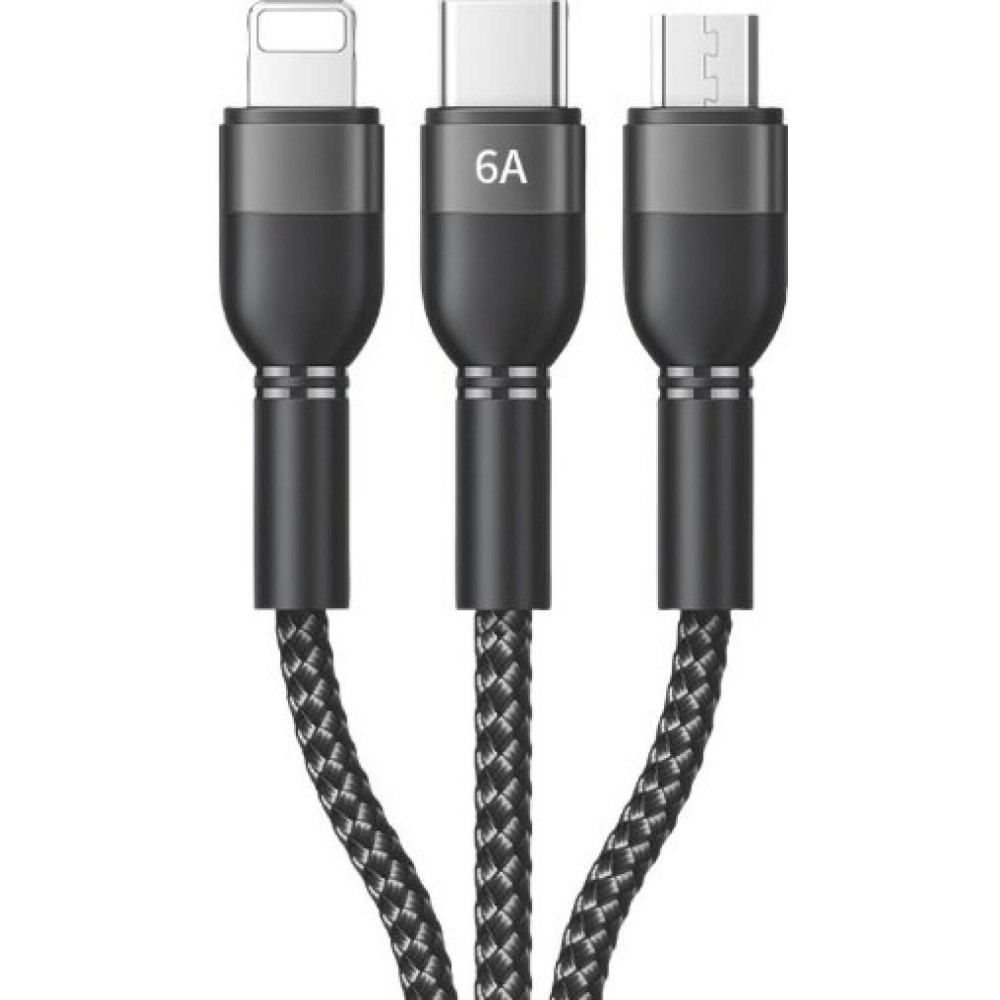 Καλώδιο Recci Skyline RTC-T12 3 in 1 Φόρτισης & Μεταφοράς Δεδομένων USB-A σε Type-C / Lightning / MicroUSB 120cm 66W - Black (6955482510230)