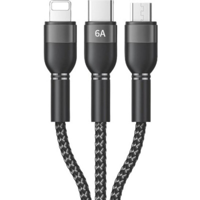 Καλώδιο Recci Skyline RTC-T12 3 in 1 Φόρτισης & Μεταφοράς Δεδομένων USB-A σε Type-C / Lightning / MicroUSB 120cm 66W - Black (6955482510230)