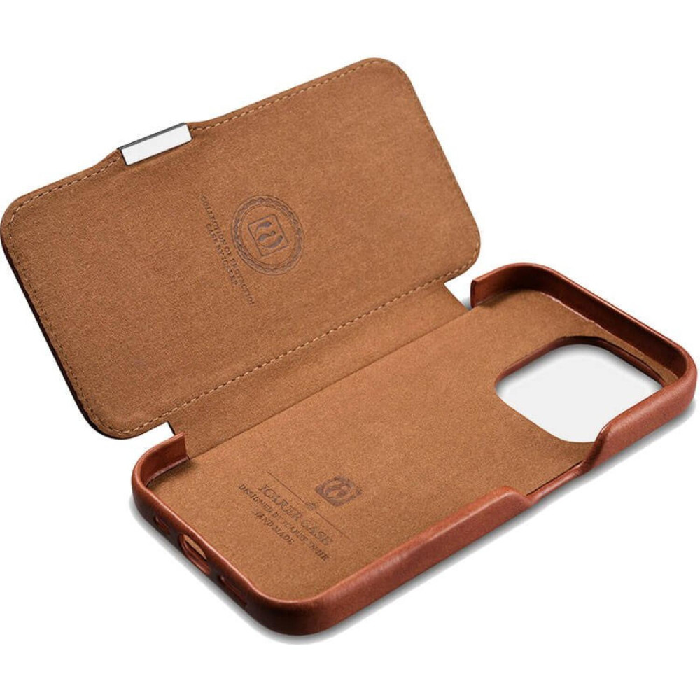 Θήκη iPhone 15 Pro iCarer Vintage Series Side-Open Flip Σκληρή Δερμάτινη με MagSafe - Retro Brown (WMI15230614-SN)