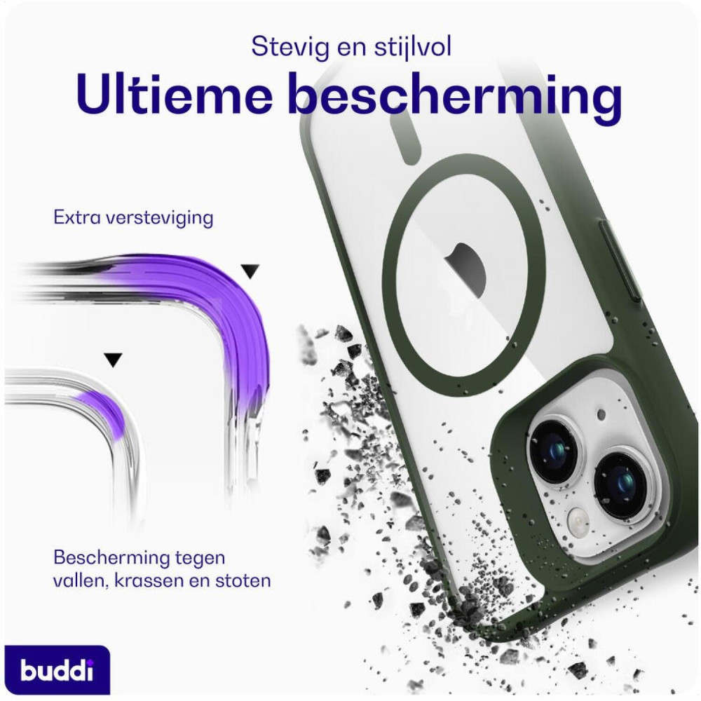 Θήκη iPhone 15 / 14 / 13 Buddi Hybrid Σκληρή Διάφανη με MagSafe - Transparent / Green (8719246493454)