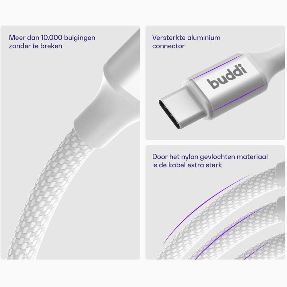 Καλώδιο Buddi Flex Φόρτισης & Μεταφοράς Δεδομένων Type-C σε Type-C 200cm 60W 5 Έτη Εγγύηση - White (8719246497384)