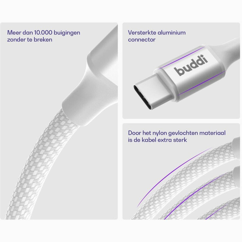 Καλώδιο Buddi Flex Φόρτισης & Μεταφοράς Δεδομένων Type-C σε Type-C 30cm 60W 5 Έτη Εγγύηση - White (8719246497360)
