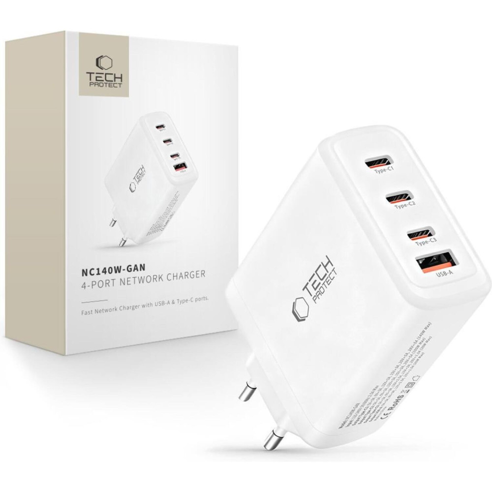 Φορτιστής Tech-Protect NC140W GaN Γρήγορος Ταξιδιού / Αντάπτορας με 1 x USB-A / 3 x Type-C 140W - White (5906302335947)