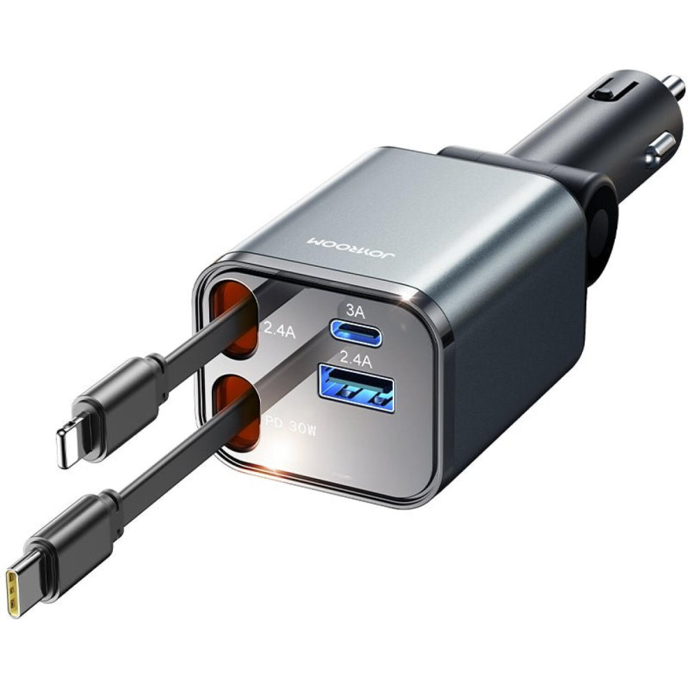 Φορτιστής Αυτοκινήτου Joyroom JR-CCL05 με Θύρες 1 x USB-A / 1 x Type-C & Πτυσσόμενα Καλώδια 1 x Type-C & Lightning 30W - Dark Grey (6956116737917)