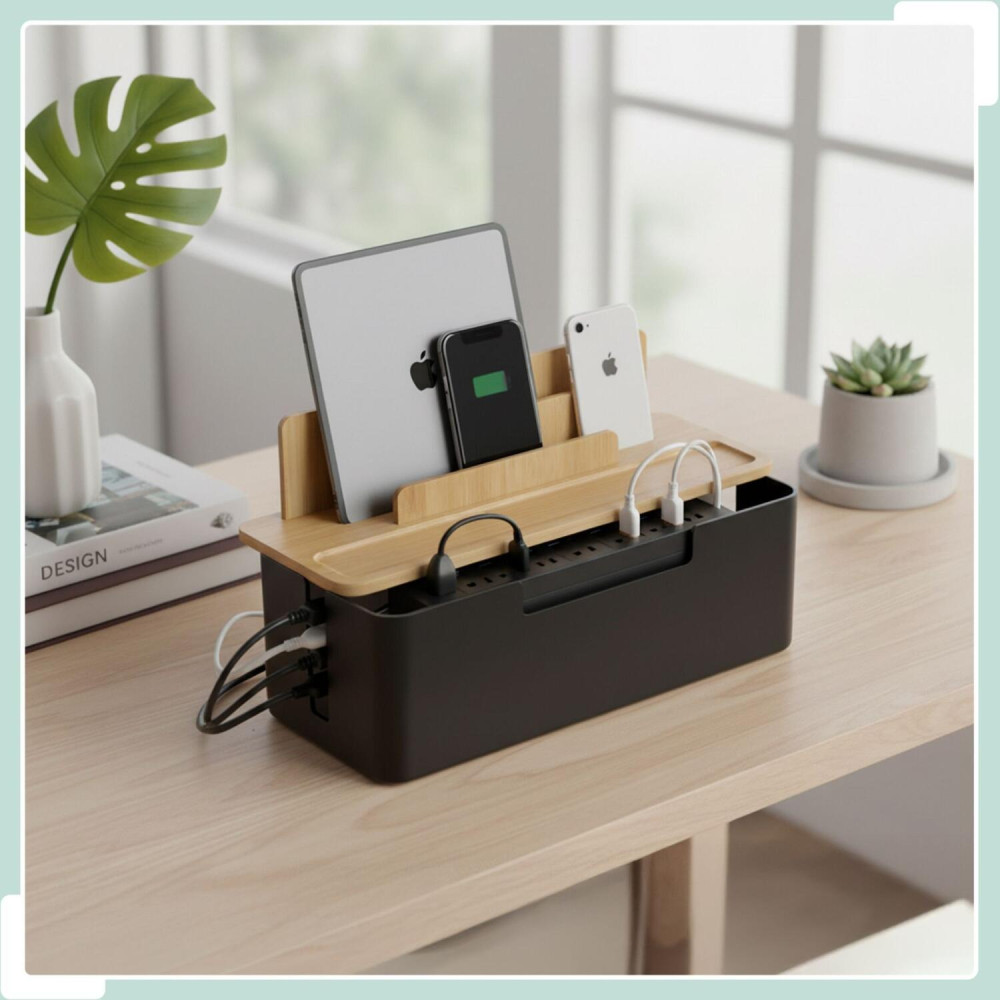 Κουτί Οργάνωσης Καλωδίων Relaxdays από Μπαμπού με Βάση για Tablets / Κινητά 16 x 30 x 13 cm - Natural / Black (10052394)