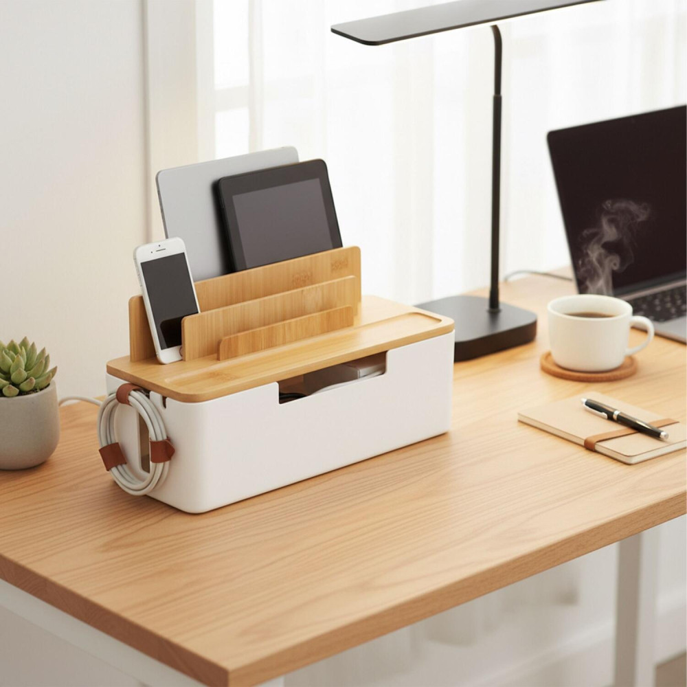 Κουτί Οργάνωσης Καλωδίων Relaxdays από Μπαμπού με Βάση για Tablets / Κινητά 16 x 30 x 13 cm - White / Light Brown (10052394_8248)