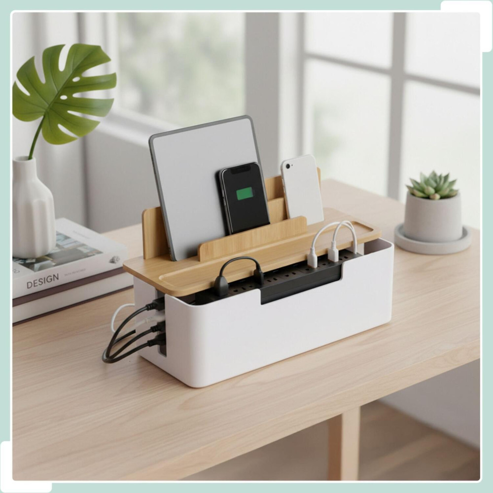 Κουτί Οργάνωσης Καλωδίων Relaxdays από Μπαμπού με Βάση για Tablets / Κινητά 16 x 30 x 13 cm - White / Light Brown (10052394_8248)