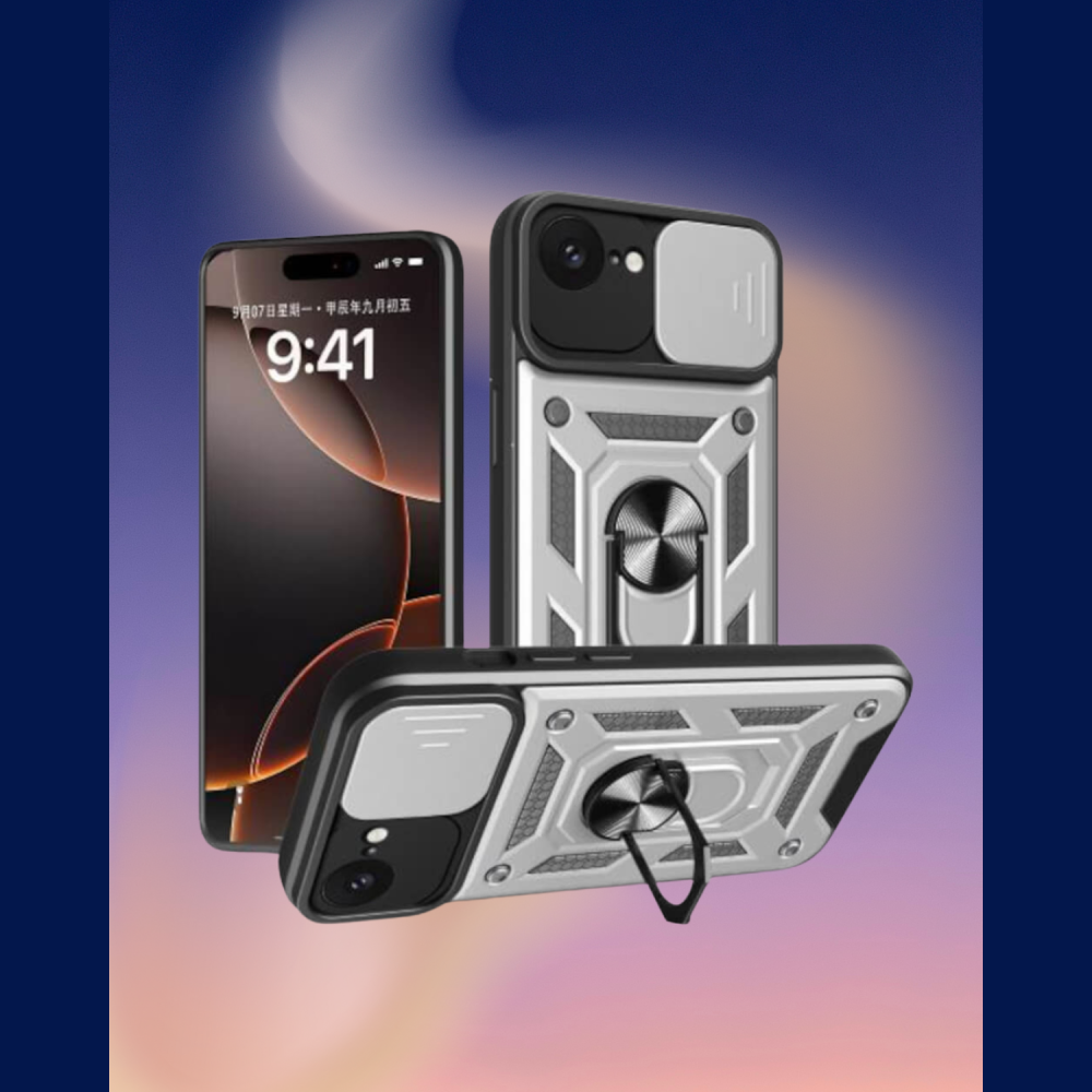 Θήκη iPhone 17e / 16e Bodycell Armor Slide Ανθεκτική με Κάλυμμα για την Κάμερα & Μεταλλικό Ring Holder - Silver (5206015080180)