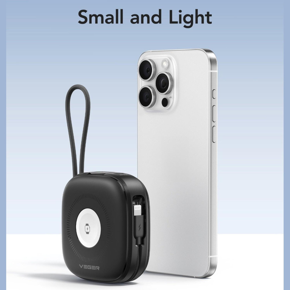 PowerBank Veger W1185 MagCore 3in1 με Ασύρματη Φόρτιση MagSafe 15W / 1 x Type-C / 1 x Καλώδιο Type-C / 1 x Καλώδιο Lightning 10.000mAh - Black (6977525751196)