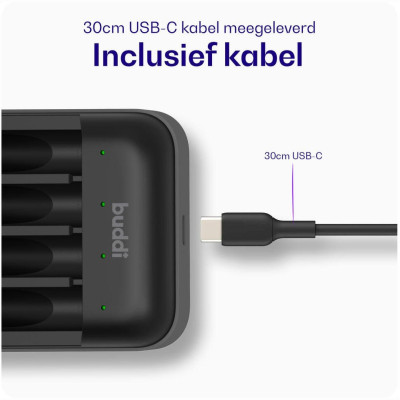 Φορτιστής Μπαταριών Buddi 4 Θέσεων για Επαναφορτιζόμενες Μπαταρίες Μεγέθους AA / AAA 5 Έτη Εγγύηση - Black (8719246496820)