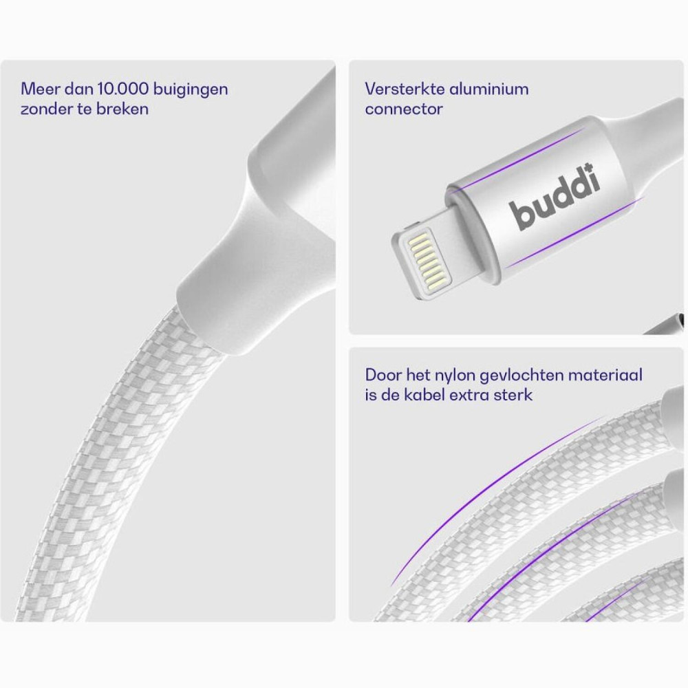 Καλώδιο Buddi Flex Φόρτισης & Μεταφοράς Δεδομένων USB-A σε Lightning 100cm 12W 5 Έτη Εγγύηση - White (8719246497452)