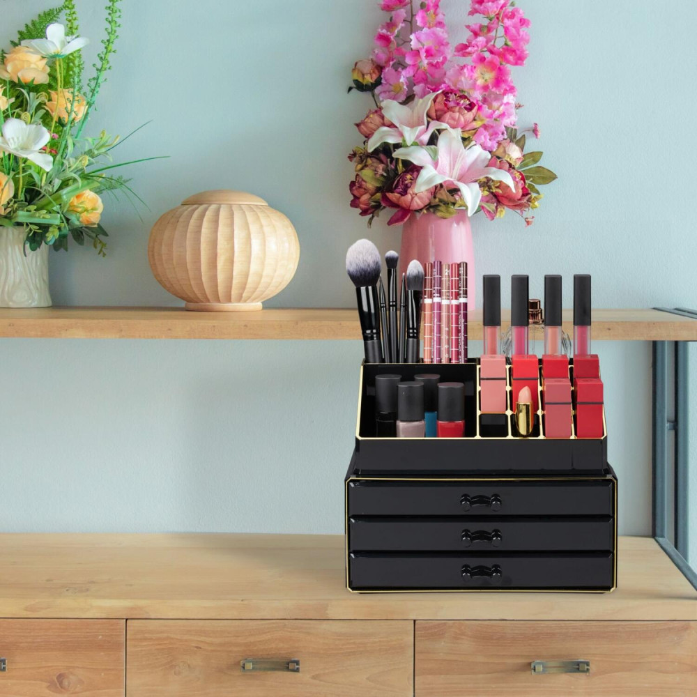 Θήκη Οργάνωσης Καλλυντικών Relaxdays Makeup Organiser και Μακιγιάζ με 3 Ράφια από Ακρυλικό - Black / Gold (10023137_1098)
