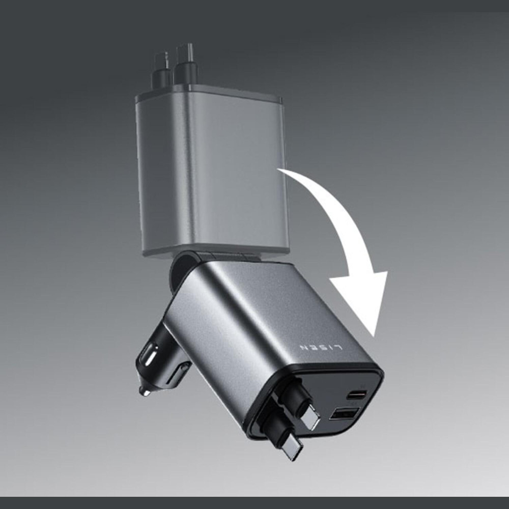 Φορτιστής Αυτοκινήτου Lisen 4 in 1 με Θύρες 1 x USB-A / 1 x Type-C & Πτυσσόμενα Καλώδια 1 x Type-C / 1 x Lightning 69W - Dark Grey / Black (6941237431141)