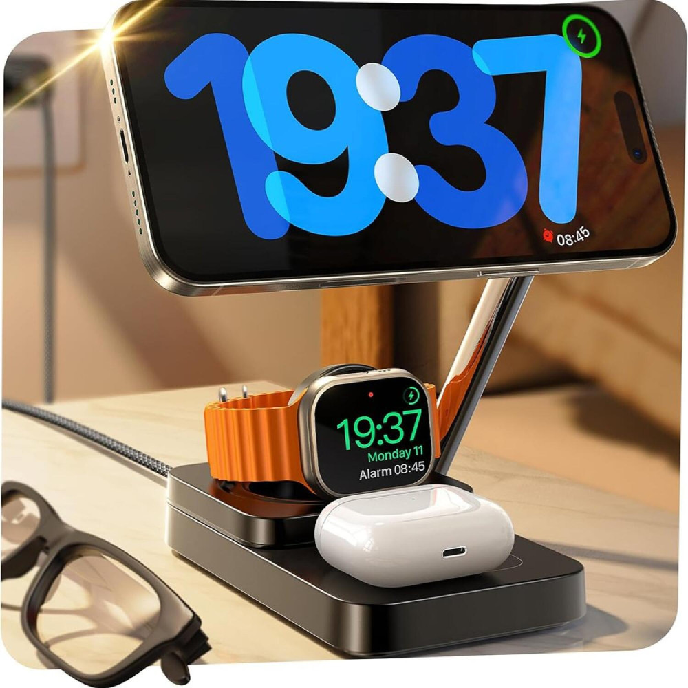 Ασύρματος Φορτιστής Lisen 3in1 Βάση MagSafe 15W για iPhone / AirPods / Apple Watch με Φορτιστή Τοίχου & Καλώδιο Type-C - Black (6941237430700)