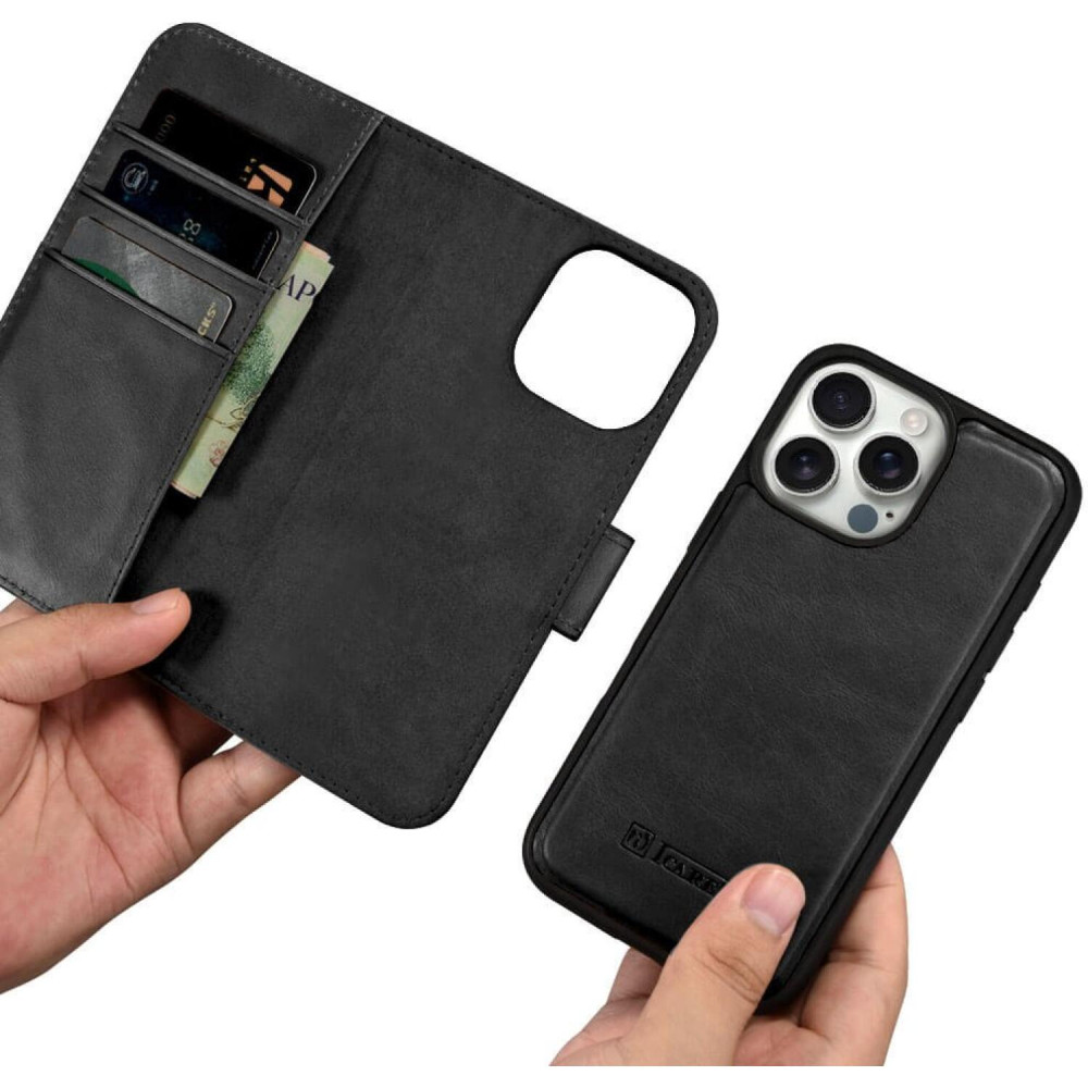 Θήκη iPhone 16 Pro iCarer Leather Detachable 2 in 1 Wallet Δερμάτινο Πορτοφόλι με RFID & MagSafe - Black (WMI16240720-BK)