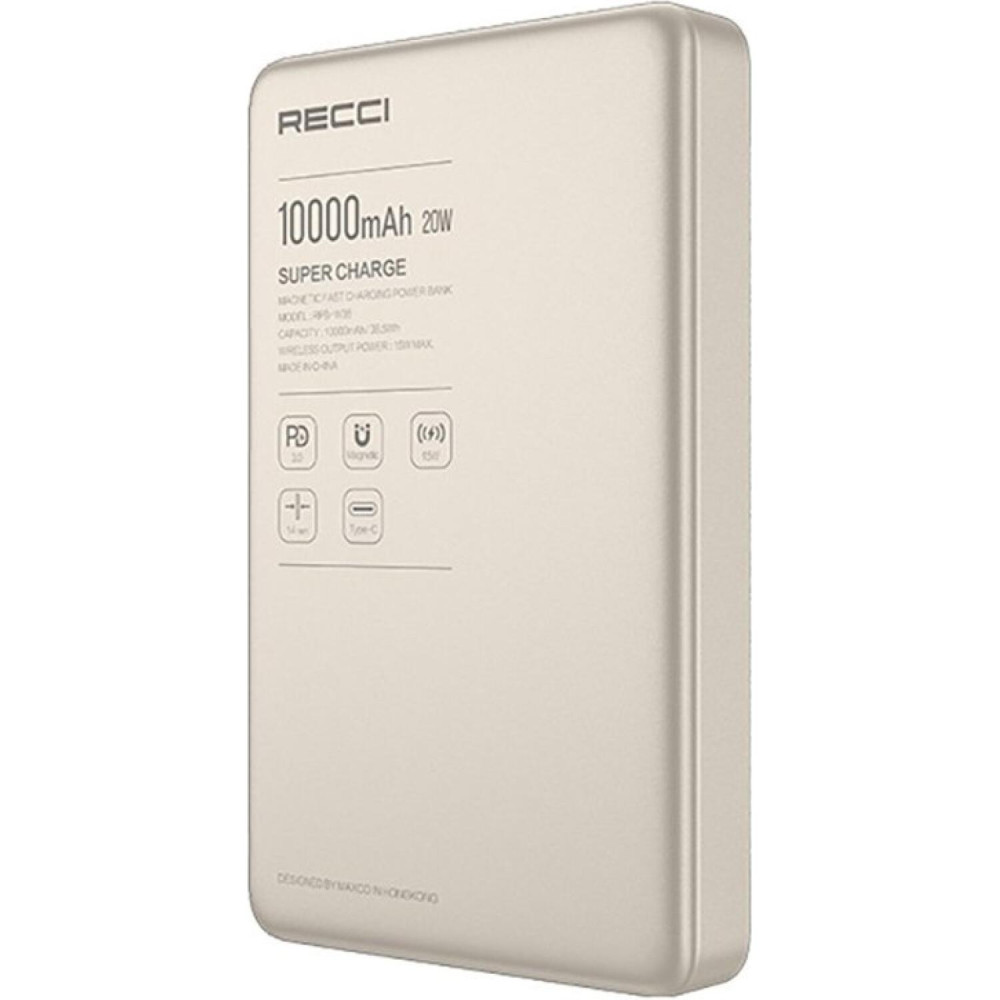 PowerBank Recci RPB-W36 με Πιστοποίηση CCC / CE & Ασύρματη Φόρτιση MagSafe 15W / 1 x Θύρα Type-C 20W 10.000mAh - Gold (6955482535448)