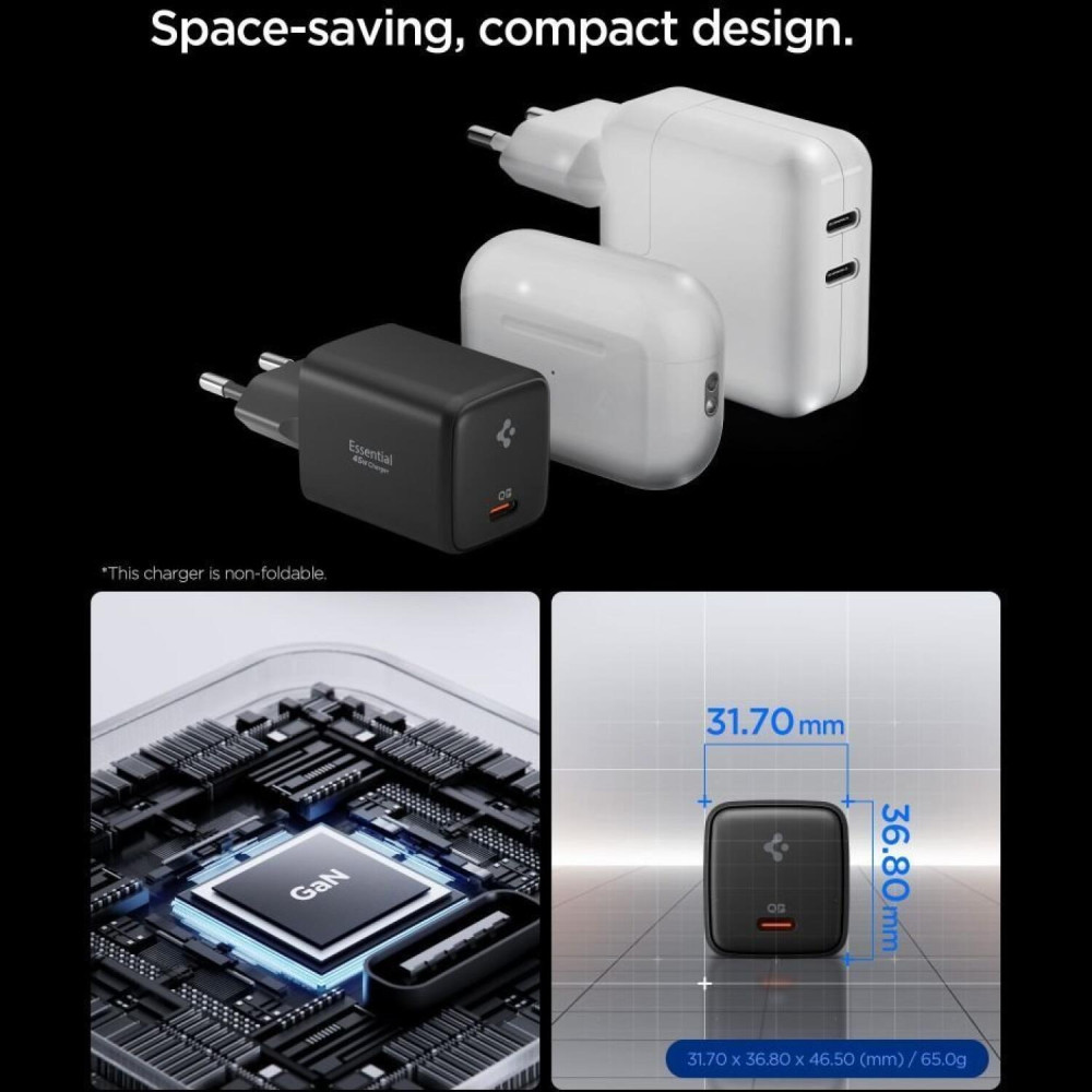 Φορτιστής Spigen EE451EU GaN Pro Γρήγορος Τοίχου / Αντάπτορας με 1 x Θύρα Type-C 45W & Καλώδιο Type-C 100W - Black (ACH09474)